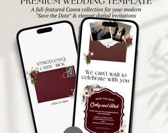 Plantilla web de invitación de boda "Reserva la fecha" en color burdeos / Tarjetas digitales editables para "Reserva la fecha" / Invitación de boda / Descarga instantánea