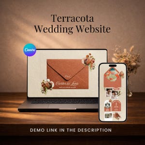 May include: A laptop and smartphone display a terracotta wedding website design. The laptop screen shows a terracotta envelope design with floral accents. The smartphone displays a mobile version of the website, showcasing photos and details.