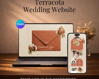 Plantilla de sitio web de boda Terracotta en Canva / Conjunto de invitaciones de boda estilo boho desértico con confirmación de asistencia / Descarga digital rústica y editable