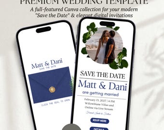 Plantilla elegante para sitio web de bodas en azul con confirmación de asistencia / Sitio web de bodas en Canva en azul empolvado / Diseño clásico de estilo tradicional / Fácil de editar