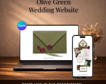 Plantilla para sitio web de bodas con diseño floral en verde oliva y burdeos, con confirmación de asistencia (RSVP) e invitación editable en Canva. Diseño elegante para bodas. Descarga instantánea.