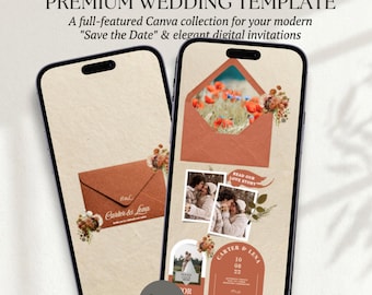 Plantilla de sitio web de boda en terracota en Canva / Suite de invitaciones de boda estilo boho con opción de confirmación de asistencia / Sitio web de boda rústico editable