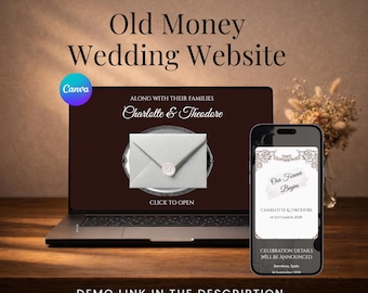 Plantilla para sitio web de bodas con reserva de fecha (Old Money) / Sitio web de bodas clásicas en color burdeos / Invitación digital editable en Canva / Sitio web de confirmación de asistencia (RSVP)