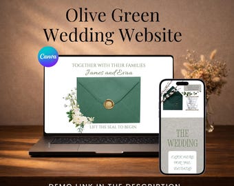 Plantilla de sitio web de boda verde oliva de Canva / Sitio web de boda con RSVP / Invitación de boda digital floral de lujo / Sitio web de boda editable