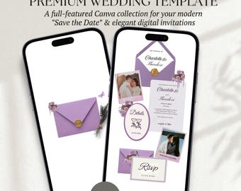 Plantilla de sitio web para bodas en jardines vintage con confirmación de asistencia / Invitación de boda editable en Canva color púrpura / Sitio web de boda floral / Invitación digital