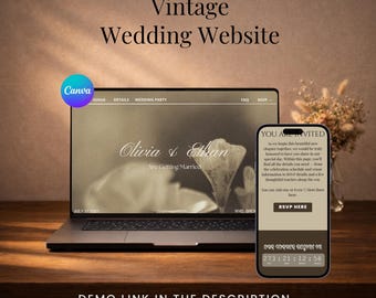 Plantilla clásica y vintage para sitio web de bodas campestres, diseño elegante y lujoso en Canva con confirmación de asistencia (RSVP).