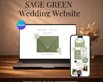 Plantilla de sitio web de boda de Canva con diseño floral en verde salvia y blanco / Invitación de boda digital de etiqueta negra con RSVP / Plantilla de boda editable de Canva