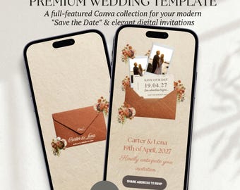 Plantilla editable de Canva para anunciar la fecha de la boda en terracota / Sitio web de boda estilo boho desértico con confirmación de asistencia / Fácil de editar