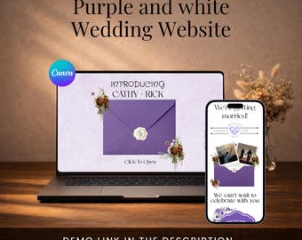 Página web digital de boda con diseño floral lavanda / Plantilla de página web de boda en Canva / Página web para anunciar la fecha de la boda / Invitación de boda online editable