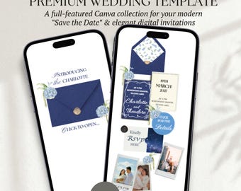 Plantilla de sitio web de boda azul marino para anunciar la fecha de la boda / Sitio web de boda de lujo editable en Canva / Invitación digital de etiqueta elegante y tradicional