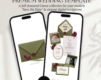 Plantilla de sitio web de boda con diseño floral en verde oliva y burdeos, con confirmación de asistencia (RSVP) / Invitación de boda editable en Canva / Elegante sitio web digital para bodas