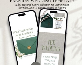 Plantilla de sitio web de boda verde oliva en Canva / Sitio web de boda floral de lujo con confirmación de asistencia / Invitación digital editable / Fácil de personalizar