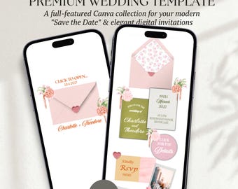 Plantilla de invitación de boda en rosa brillante, naranja y verde / Sitio web de boda editable en Canva con confirmación de asistencia / Descarga digital instantánea