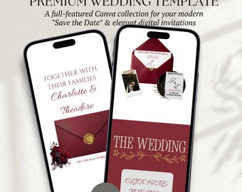 Plantilla de sitio web de boda color burdeos / Sitio web de boda editable en Canva con confirmación de asistencia / Invitación de boda digital con diseño floral de estilo clásico