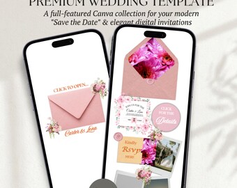 Bright Pink Wedding Website Template | Editable Canva Invitation Suite | Floral Orange Theme with RSVP
