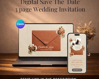 Plantilla editable de Canva para anunciar la fecha de la boda en terracota / Invitación estilo boho con confirmación de asistencia / Descarga digital en tonos tierra