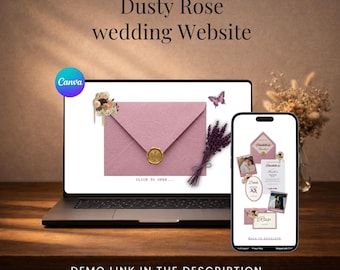 Plantilla de sitio web de boda rosa empolvado con confirmación de asistencia / Sitio web de boda editable en Canva / Sitio web de boda romántico floral en rosa rubor, marfil y dorado