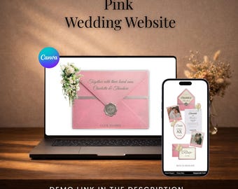 Plantilla editable de sitio web de boda Strawberry Matcha en Canva / Sitio web de invitación de boda romántica en un jardín con confirmación de asistencia / Boda digital personalizada