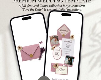 Plantilla de sitio web de boda azul empolvado / Editable en Canva / Sitio web para anunciar la fecha de la boda / Invitación de boda digital sencilla
