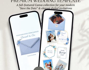 Dusty Blue Wedding Website Template | Canva Editable Wedding Website with Save the Date | Digital Invitation