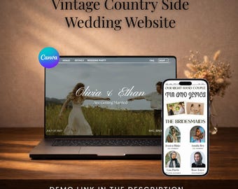 Plantilla elegante para sitio web de bodas rústicas en el campo, diseño de Canva con acceso para confirmación de asistencia (descarga digital).