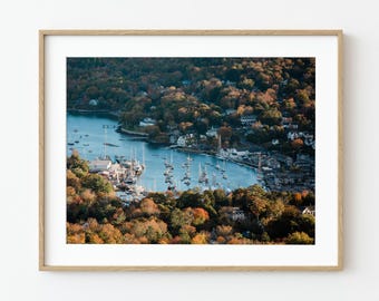 Camden Harbor Print, Coastal Maine Photography, Fall Foliage View, 11x14 Unframed Art