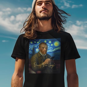 Starry Night Selfie T-Shirt | Van Gogh Inspired Art Tee | Unisex Shirt for Art Lovers | Vibrant Casual Top | Unique Mother’s Day Gift