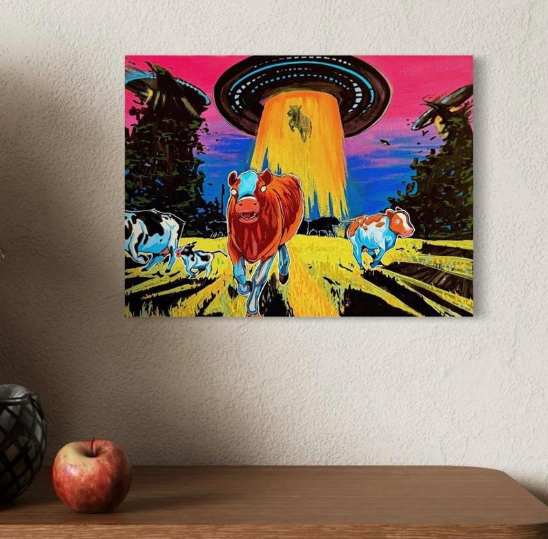 Original UFO Cow Painting, Alien Art, Farmhouse Illustration ...