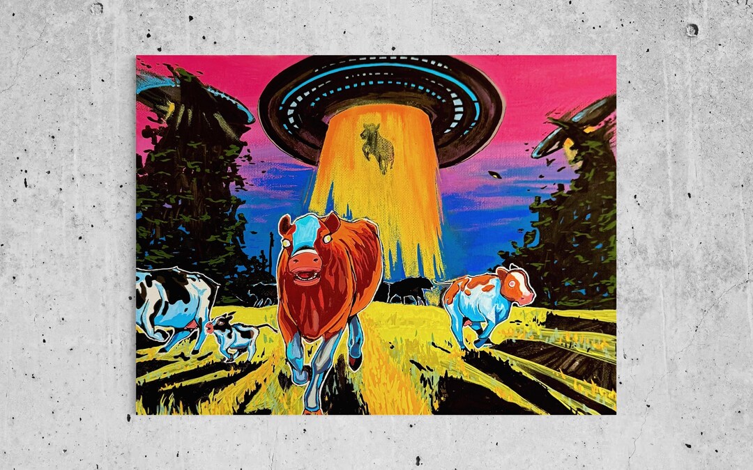 Original UFO Cow Painting, Alien Art, Farmhouse Illustration ...