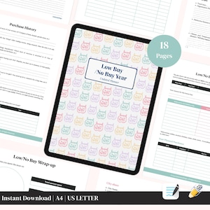 May include: A digital planner titled "Low Buy / No Buy Year" with an owl pattern cover. The planner is displayed on a tablet, with 18 pages. The bottom of the image shows "Instant Download | A4 | US LETTER".