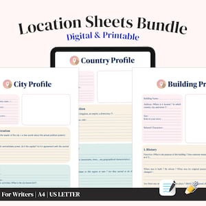 May include: A digital and printable Location Sheets Bundle with City Profile, Country Profile, and Building Profile templates. The templates include fields for information such as history, size, and related characters. The text "For Writers" is at the bottom.