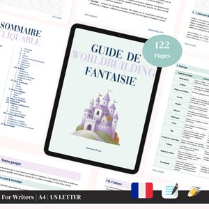 May include: A digital tablet displays a guide titled "Guide de Worldbuilding Fantaisie" with a castle illustration. The tablet shows 122 pages and is surrounded by other documents. The text "For Writers" and "A4 US LETTER" are at the bottom.