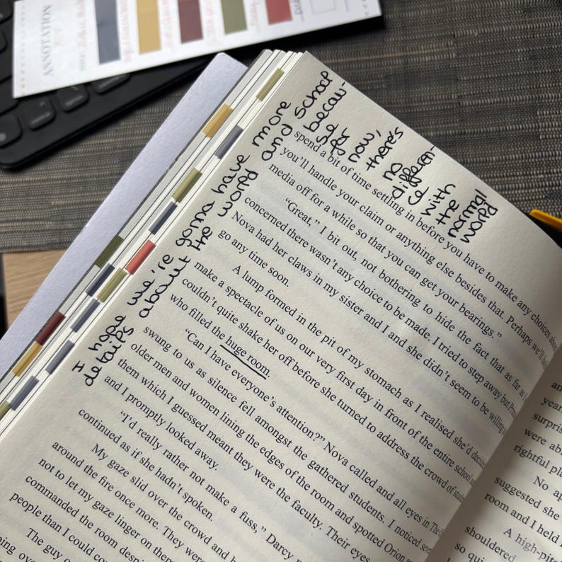 Puede incluir: Libro abierto con notas manuscritas y pesta&ntilde;as de colores. El texto incluye frases como "gonna have more details about the world" y "Can I have everyone's attention?" El libro est&aacute; sobre un escritorio con un teclado y pegatinas de anotaci&oacute;n.