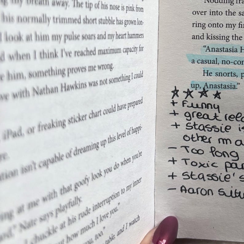 May include: A book page with printed black text and a handwritten review in the margin. The review includes four stars, plus signs for positive points like funny and great, and minus signs for negative points like too long and toxic.