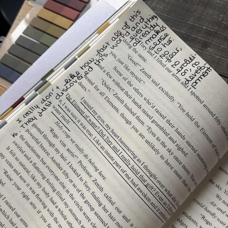 Puede incluir: Libro abierto con notas manuscritas y pasajes resaltados. Se pueden leer frases como "The Element of water?" y "Holy crap we really do belong here". Notas adhesivas de colores son visibles en el lateral de las p&aacute;ginas.