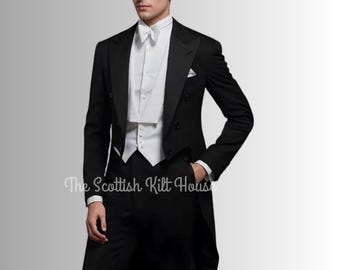 Handgefertigter Herren Schwarzer Wolle Tailcoat | Viktorianischer Hochzeits-Smoking