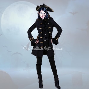 Ladies Pirate Jacket | Baroque Black Uniform Jacket | Gothic Steampunk Tailcoat | Renaissance Cosplay Costume | Pirate Outfit for Women