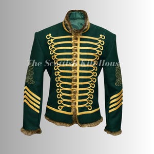 Jimi Hendrix Green Hussar Jacket: Gold Braided Wool Military Coat