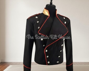 Men's Black Hussar Jacket | Red Trim, Silver Buttons, Napoleonic Style