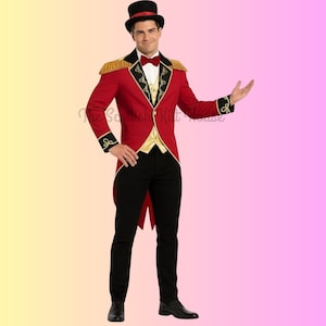 May include: A red tailcoat with gold trim, black pants, and a black top hat. The coat features gold epaulets with fringe and black cuffs with gold accents. A gold vest and red bow tie complete the circus ringmaster costume.