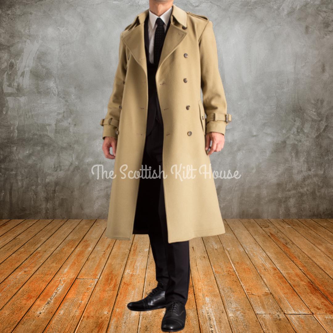 Men's Khaki Wool-blend Trench Coat: Double-breasted Military