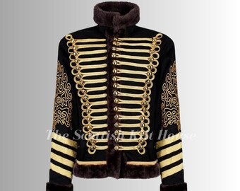 Jimi Hendrix Hussar Jacket: Gold Braided Wool Steampunk Military Coat