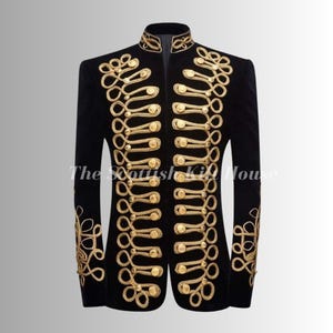 Men&#39;s Black Velvet Military Officer Jacket | Gold Braided Hussar Pelisse Coat | DJ Singer Stagewear | Fashion Front Braided Jacket