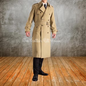 Khaki Long Coat Men&#39;s Double-Breasted Military Overcoat | Classic Khaki Wool-Blend Winter Coat for Men | Custom-Tailored Winter Uniform