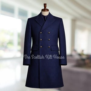Men’s Blue Military Greatcoat, Double-Breasted Wool Cashmere Overcoat, Historical Style Long Coat, Custom Winter Jacket