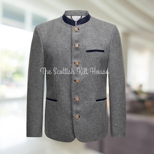 Men’s Grey Trachten Jacket Slim Fit, Bavarian German Oktoberfest Wool Janker, Traditional Costume Blazer with Stand Collar, Austrian Coat