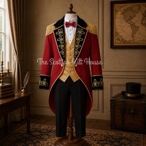 Steampunk Ringmaster Tailcoat, Red Victorian Circus Jacket, Gold Embroidery, Military Epaulettes