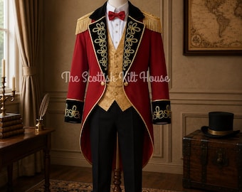 Steampunk Ringmaster Tailcoat, Red Victorian Circus Jacket, Gold Embroidery, Military Epaulettes