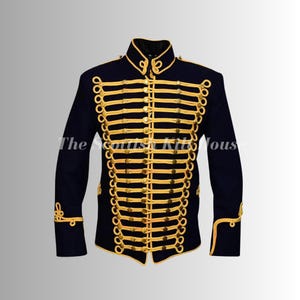 Black Hussar Military Pipe Band Jacket | Custom Scottish Drummer Doublet | Marching Band Coat | Gold Braid Bagpiper Parade Uniform
