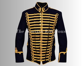 May include: Navy blue military jacket with gold-colored trim and buttons. The jacket features a high collar and decorative gold rope detailing. The text "The Scottish Kilt House" is visible on the lower left side of the jacket.